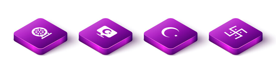 Set Isometric Dharma wheel, Star and crescent, and Hindu swastika icon. Vector.