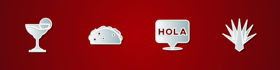 Set Margarita cocktail, Taco with tortilla, Hola and Agave icon. Vector. © vector_v