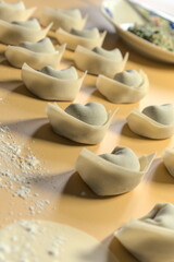 Chinese food, raw handmade ravioli with minced meat arranged on a wooden board