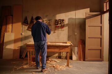 Back view of woodwork and furniture making concept