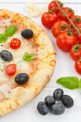Pizza margarita margherita baking ingredients on wooden board portrait format