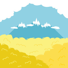 Field of yellow flowers against a blue sky. Canola flowers and towering mountains with clouds. Illustration of the nature of drawing by hand.