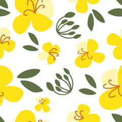 Canola flower pattern. Yellow hand-drawn bright flowers. Blooming design elements for postcards, banners. Beautiful buds in a flat style.