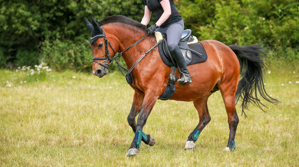 Horse eventing Freiberger breed with rider galloping on a meadow, rider with a firm hand on the...