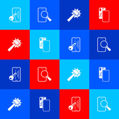 Set Glass screen protector, Phone repair service, Hammer and Mobile with broken icon. Vector.