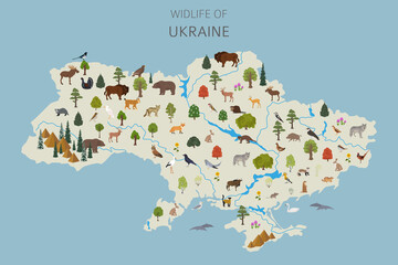 Flat design of Ukraina wildlife. Animals, birds and plants constructor elements isolated on white set. Build your own geography infographics collection