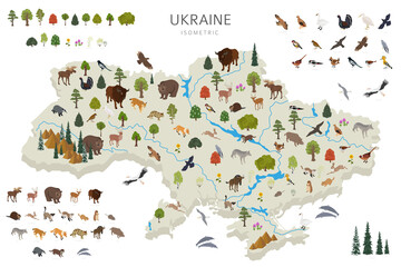Isometric 3d design of Ukraina wildlife. Animals, birds and plants constructor elements isolated on white set. Build your own geography infographics collection. - obrazy, fototapety, plakaty