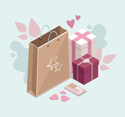 Happy Valentines Day. Gifts and paper bag. Isometric Illustration