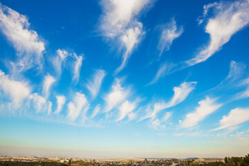 Fototapeta na wymiar Flying cirrus clouds over blooming land