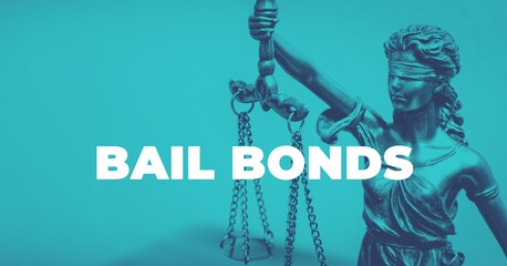 Bail Bonds. Close-up of a Lady Justice Statue. Duotone blue with white text. Law and lawyer symbol.