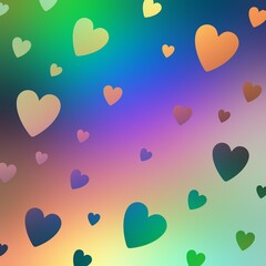 Colorful hearts fly to height of rainbow skies abstract illustration. Blue green orange pink gradient blurred background. Fantasy pattern.