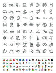 Set of vector linear and color icons. Tourism, travel.