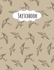 Swallow vector seamless background, sketchbook illustration with hand drawn bird isolated on beige background
