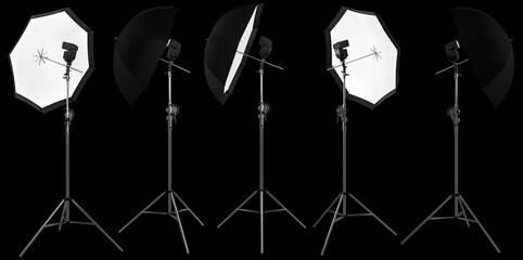 Photography studio lighting stand with speedlight and umbrella isolated on black