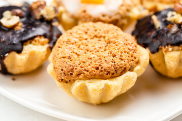 Sweet mini tart served on white plate