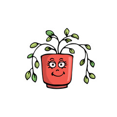 Cute pot with a flower. Colored doodle of a home plant. Hand-drawn emotions. Illustration for stickers, decals, prints, postcards.