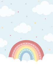 Sky background with rainbow and clouds in pastel colors. Hand drawn rainbow and clouds. For web banner, poster, wall paper, cards, and more.