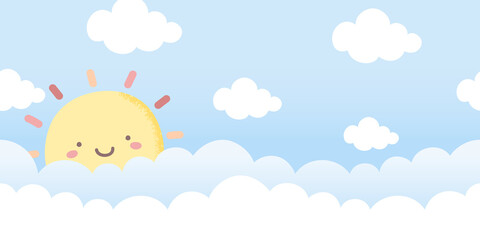 Sky background with sun and clouds in pastel colors. Seamless cloud borders. For web banners, wall decor, poster, and more. © Torico