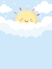 Sky background with cute sun and clouds in pastel colors. Hand drawn sun and clouds. For web banner, poster, wall paper, and more.