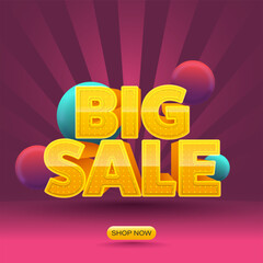 Yellow Big Sale Text With 3D Balls On Pink Rays Background.