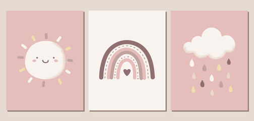 Set of weather themed vector illustrations in blush pink colors. Cute sun, cloud, raindrops, and rainbow. For nursery decor, posters, banners, greeting cards, and more.