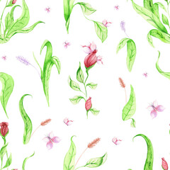 Watercolor seamless pattern of spring floral elements. Drawn red garden rose buds, green petals and butterflies on a white background.