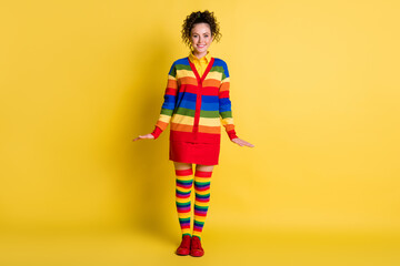 Full length body size view of nice attractive cheerful modest wavy-haired girl posing isolated bright yellow color background