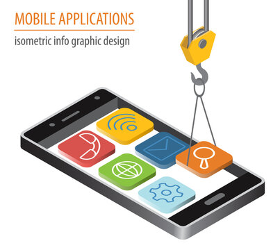 Mobile applications technology isometric collection. Software development and installation