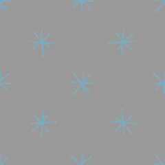Hand Drawn blue Snowflakes Christmas Seamless Pattern. Subtle Flying Snow Flakes on grey Background. Classy chalk handdrawn snow overlay. Unusual holiday season decoration.