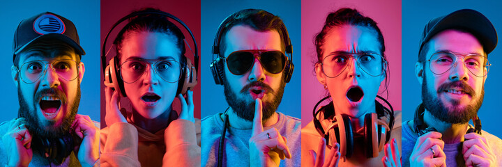 Collage of portraits of young emotional people on multicolored background in neon. Concept of human emotions, facial expression, sales. Listening to music, delighted, shocked. Flyer for ad, offer