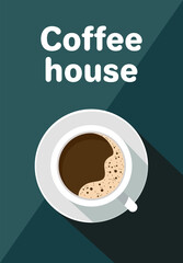 Espresso coffee cup with text coffee house, top view. Blue duocolor background. Flat style vector illustration