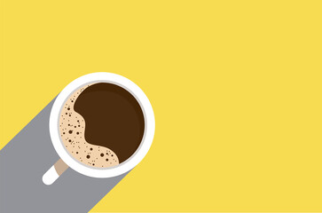 Espresso coffee cup top view. Hard light, lluminating background with ultimate gray shadow. Poster flat style vector illustration