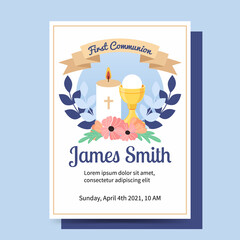 First communion baptism for boy invitation template. Cartoon style flat vector design of sacrament and candle.