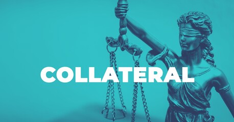 Naklejka premium Collateral. Close-up of a Lady Justice Statue. Duotone blue with white text. Law and lawyer symbol.