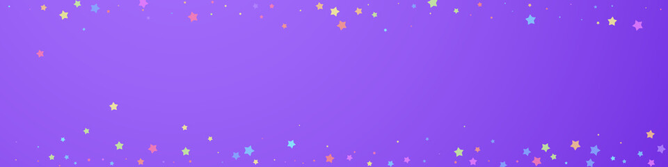 Obraz na płótnie Canvas Festive fetching confetti. Celebration stars. Colorful stars random on violet background. Actual festive overlay template. Panoramic vector background.