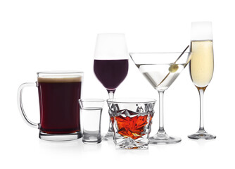 Many different alcoholic drinks on white background