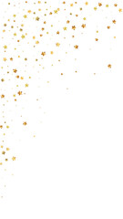 Gold stars random luxury sparkling confetti. Scattered small gold particles on white background. Elegant festive overlay template. Unique vector background.