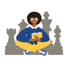 Cute girl with book and pawn in hands learn how to plays chess. Girl sitting cross legs with chess figures on the background. Girl reading chess exercise book and practicing chess game.