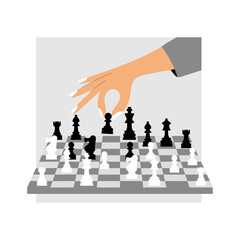 Woman hand holding chess black pawn. During chess game woman move pawn chess piece on the chessboard. Business strategy success concept.