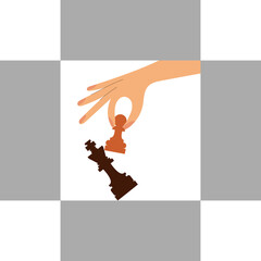Woman hand holding chess white pawn. During chess game woman use pawn chess piece to crash the opposite team black king figure. Checkmate. Win in chess game. Business strategy success concept.
