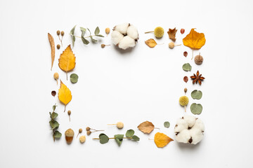 Flat lay composition with autumn leaves and space for text on white background