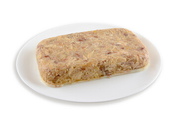 Jelly with meat,beef,chicken, pork aspic, traditional Russian dish, portion on a plate, isolated on a white background