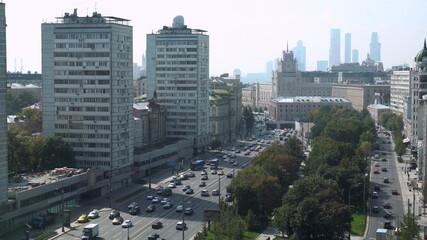 Cars driving on the Moscow road timelapse. View from above