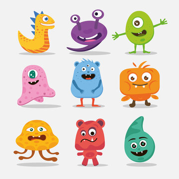 A collection of diverse cute monsters. Colorful funny creatures.
