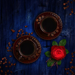 Two brown cup of black coffee, saucer, scattered grains, flower arrangement of red roses, leaves, small flowers, 3D rendering, mixed media