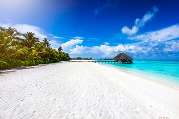 Tropical, sandy paradise beach on a island in the Maldives with turquoise ocean, coconut palms and a water lodge