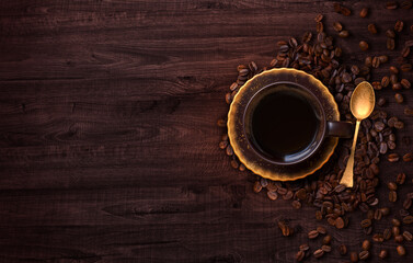 Cup of coffee, saucer, golden spoon, scattered beans, old dark brown wood, vintage style, 3d rendering