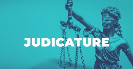 Judicature. Close-up of a Lady Justice Statue. Duotone blue with white text. Law and lawyer symbol.