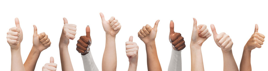diversity, multiethnic and international concept - hands of people with diverse ethnicity showing thumbs up on white background
