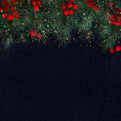 Christmas, New Year background festive background, in dark colors, green spruce branches, red berries, tinsel, snowflakes, 3D rendering, mixed media